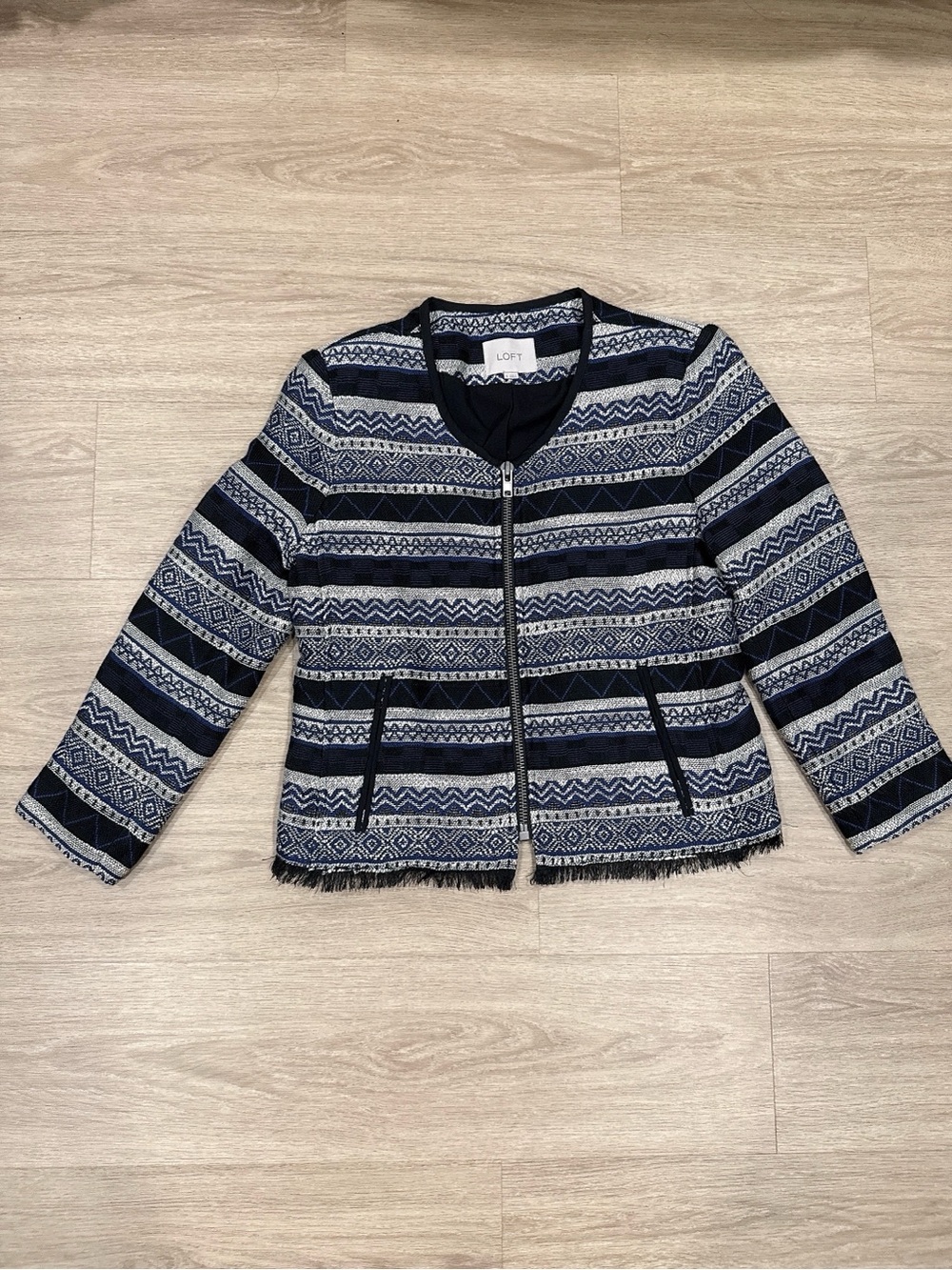 LOFT Navy and Light Gray Striped Geo Zip Jacket